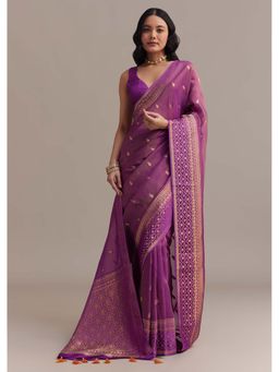 KALKI FASHION - Purple Tissue Silk Chanderi Zari Woven Border Saree with Unstitched Blouse