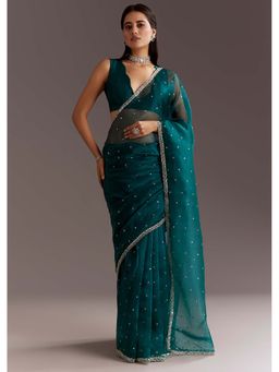 KALKI FASHION - Teal Sequins Scallop Border Glass Tissue Saree with Unstitched Blouse