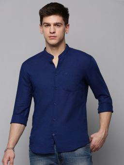SHOWOFFFF - Mens Mandarin Collar Navy Blue Solid Shirt