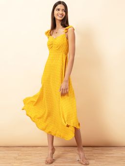 Twenty Dresses by Nykaa Fashion - Yellow Polka Dots Sweetheart Neck Midi Dress