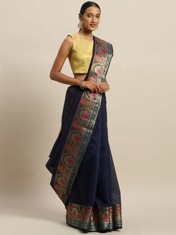 Sangam Prints - Navy Blue Handloom Silk Thread Work Traditional Saree with Unstitched Blouse