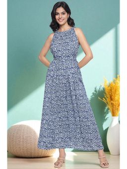 Aurelia - Women's Blue Batik Buttons Modal Flared Dress