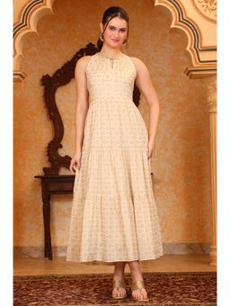 Aurelia - Women's Foil Print Hand Work Flared Pure Cotton Beige Dress