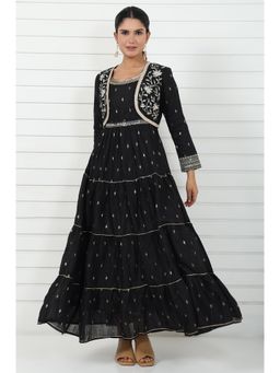 Aurelia - Women's Black Dori Embroidered Jacquard Flared Dress and Jacket