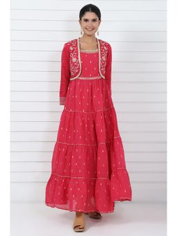 Aurelia - Women's Pink Dori Embroidered Jacquard Flared Dress and Jacket