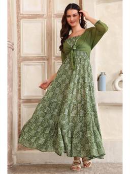 Aurelia - Women's Floral Flared Pure Cotton Green Spaghetti Dress and Jacket