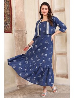 Aurelia - Women's Dyed Thread Embroidered Flared Blue Dress and Jacket