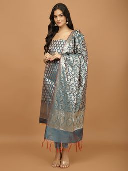 MEENA BAZAAR - Blue Unstitched Kurta with Unstitched Bottom and Dupatta