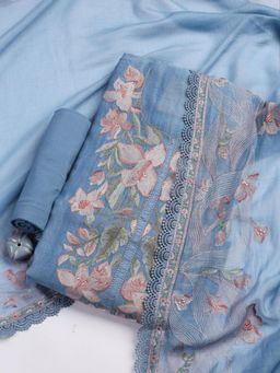 MEENA BAZAAR - Blue Embroidered Chanderi Unstitched Kurta with Unstitched Bottom and Dupatta