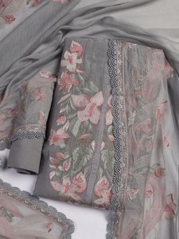 MEENA BAZAAR - Grey Embroidered Chanderi Unstitched Kurta with Unstitched Bottom and Dupatta