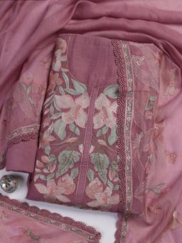MEENA BAZAAR - Pink Embroidered Chanderi Unstitched Kurta with Unstitched Bottom and Dupatta