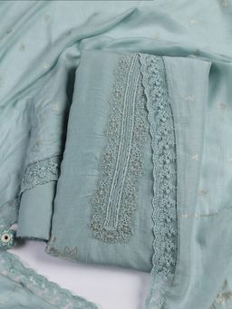 MEENA BAZAAR - Blue Embroidered Linen Unstitched Kurta with Unstitched Bottom and Dupatta