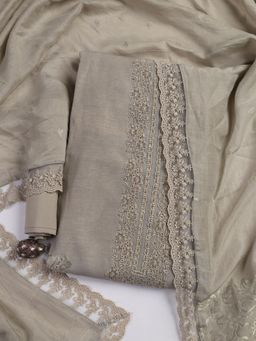 MEENA BAZAAR - Grey Embroidered Linen Unstitched Kurta with Unstitched Bottom and Dupatta