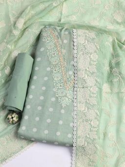 MEENA BAZAAR - Green Embroidered Linen Unstitched Kurta with Unstitched Bottom and Dupatta