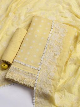 MEENA BAZAAR - Yellow Embroidered Linen Unstitched Kurta with Unstitched Bottom and Dupatta
