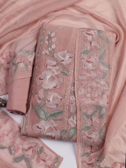 MEENA BAZAAR - Pink Embroidered Chanderi Unstitched Kurta with Unstitched Bottom and Dupatta