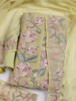 MEENA BAZAAR - Yellow Embroidered Chanderi Unstitched Kurta with Unstitched Bottom and Dupatta