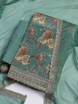 MEENA BAZAAR - Green Unstitched Kurta with Unstitched Bottom and Dupatta