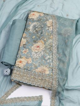 MEENA BAZAAR - Grey Unstitched Kurta with Unstitched Bottom and Dupatta