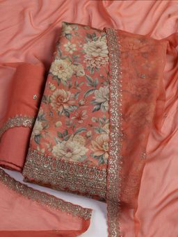 MEENA BAZAAR - Peach Unstitched Kurta with Unstitched Bottom and Dupatta