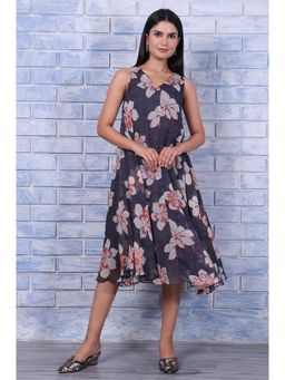 W - Grey Floral Chiffon Flared Dress