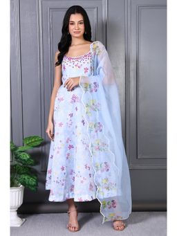 W - Blue Floral Thread Work Chanderi Flared Dress and Dupatta