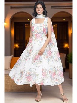 W - Ecru Organza Flared Dress and Dupatta