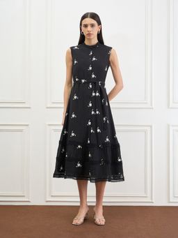 ELLE - Black Embroidered Flared Dress