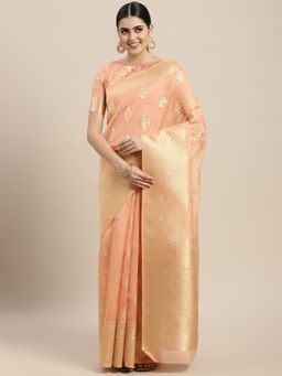 VAIRAGEE - Designer Orange and Golden Ethnic Motifs Organza Saree with Unstitched Blouse