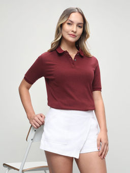 U.S. POLO ASSN. - Women Textured Vertical Striped Regular Fit Polo Shirt