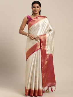 Mimosa - Women's Kanjivaram Art Silk White Saree with Unstitched Blouse
