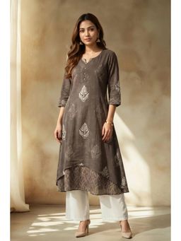 PANCHRANGA - Grey Smoky Fern Mulmul Layered Kurta