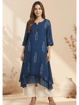 PANCHRANGA - Navy Blue Midnight Fern Mulmul Layered Kurta