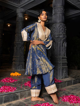 MONK & MEI - Blue Bhavya Silk Blend Embellished Anarkali Kurta with Pant