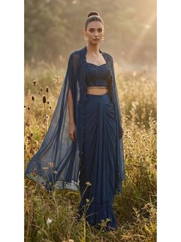 Basanti Kapde aur Koffee - Women Crepe Blue Embellished Bustier with Draped Skirt and Cape