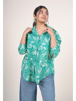 The Indian Ethnic Co. - Ruhi Emerald Green Printed Cotton Straight Shirt