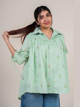 The Indian Ethnic Co. - Yuvika Mint Green Printed Mul Straight Short Top