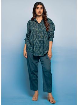 The Indian Ethnic Co. - Ruhi Teal Dabu Mul Cotton Straight Shirt