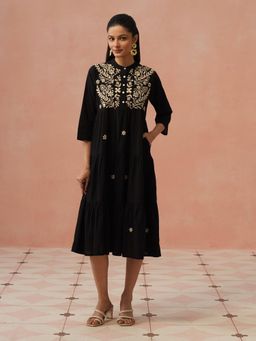 House of Chikankari - Black Chikankari Embroidered Midi Dress