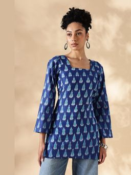 Maba India - Women Blue Ikkat Fitted Short Kurti