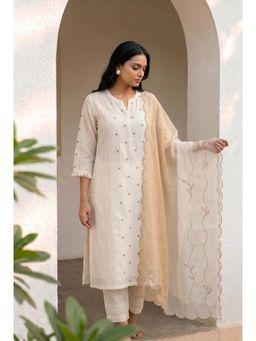 AM by Anita Mittal - Ivory Cross-stitch and Cord Embroidered Kurta with Pant and Dupatta