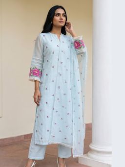 AM by Anita Mittal - Blue Zia Cross-Stitch Pure Mul Chanderi Kurta with Pant and Dupatta