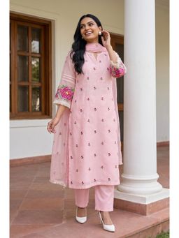 AM by Anita Mittal - Pink Zia Cross-Stitch Pure Mul Chanderi Kurta with Pant and Dupatta