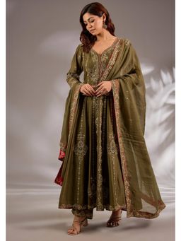 Studio A - Green Mul Chanderi Base with Hand Embroidery Anarkali with Pant and Dupatta