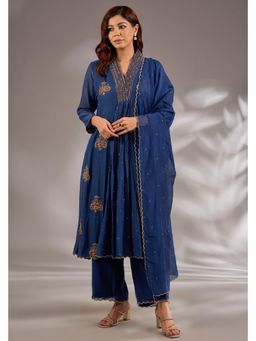 Studio A - Blue Mul Chanderi Base with Hand Embroidery Anarkali Kurta with Pant and Dupatta