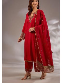 Studio A - Red Straight Silk Base with Hand Embroidery Salwar with Dupatta and Kurta