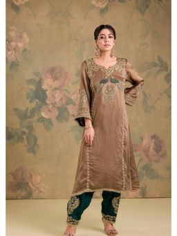 Studio A - Brown Satin Organza Machine Hand Embroidery Salwar with Kurta