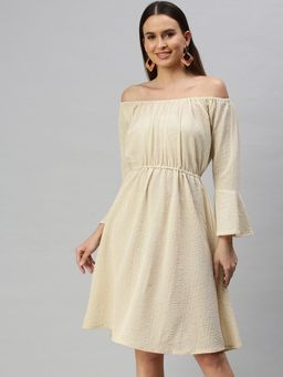 SHOWOFF - Women Beige Textured Off Shoulder Dress