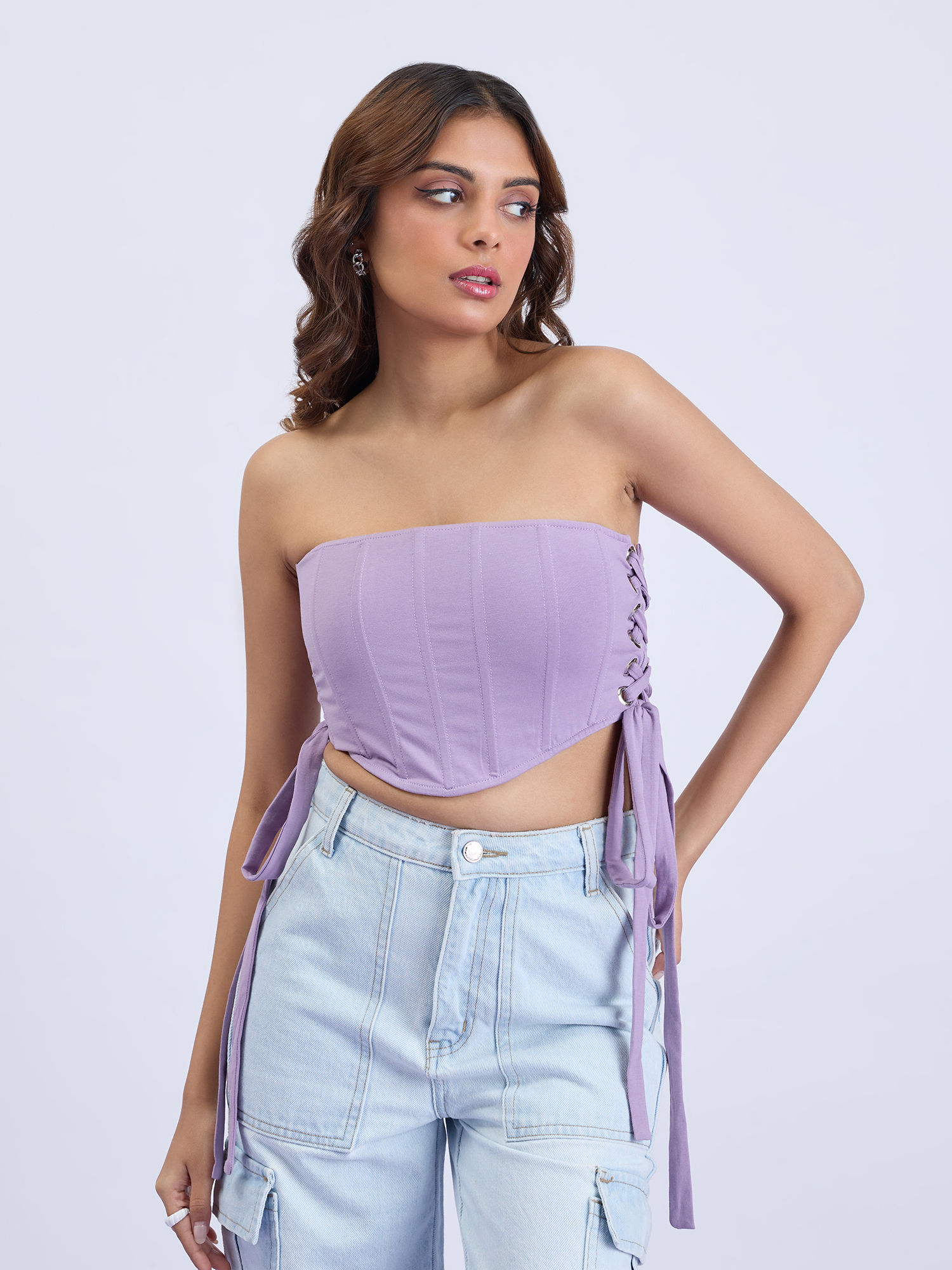 Buy MIXT by Nykaa Fashion Lavender Tie Up Tube Neck Corset Top Online