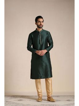 Manyavar - Green Art Silk All Over Self Design Kurta Pajama (Set of 2)